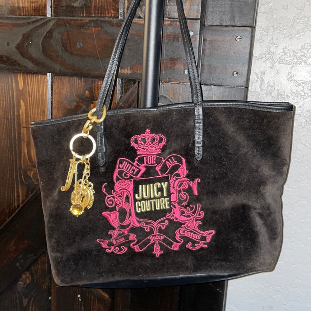 Black velvet with pink accents on the bag